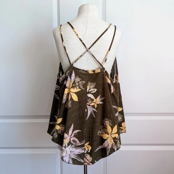Free People Tank Top Floral Print Cotton  Sleeveless Draped Olive Combo M NWT - Picture 5 of 12